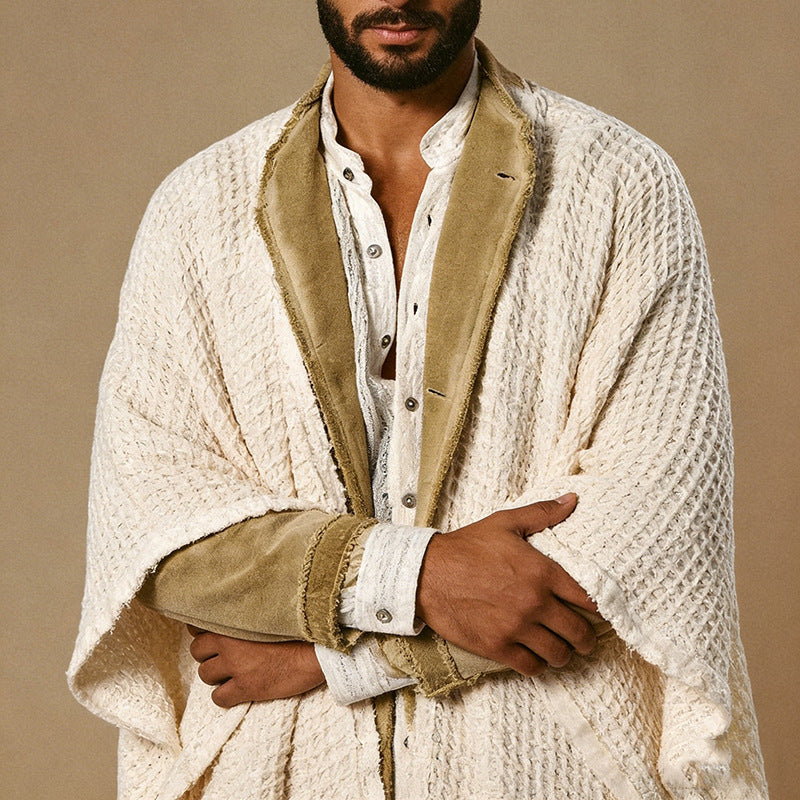 Poncho ample ouvert sur le devant pour homme, en coton et lin, avec franges