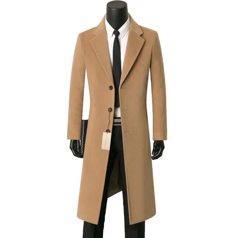 Men's Single-Breasted Slim-Fit Knee-Length Overcoat with Notch Lapels