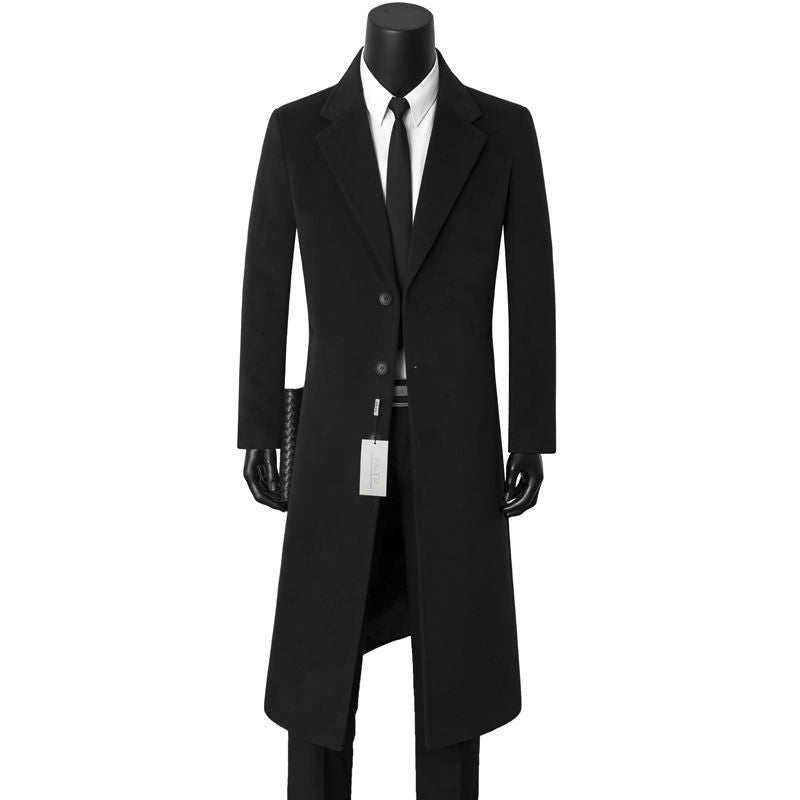 Men's Single-Breasted Slim-Fit Knee-Length Overcoat with Notch Lapels