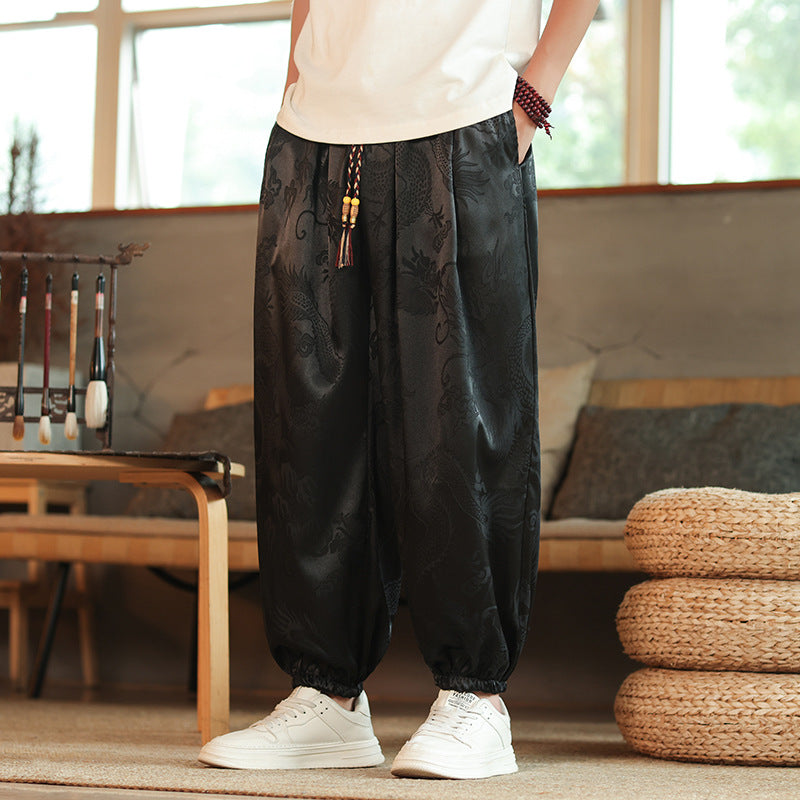 Men's Wide Jacquard Satin Harem Pants with Drawstring, Elastic Cuffs, and Traditional Dragon Motif
