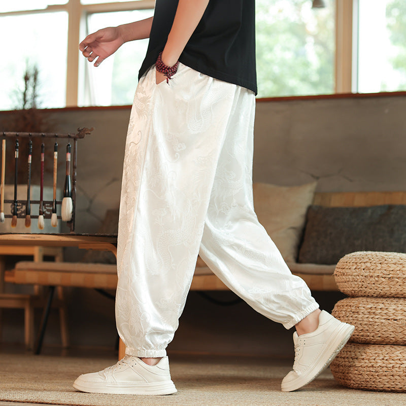Men's Wide Jacquard Satin Harem Pants with Drawstring, Elastic Cuffs, and Traditional Dragon Motif