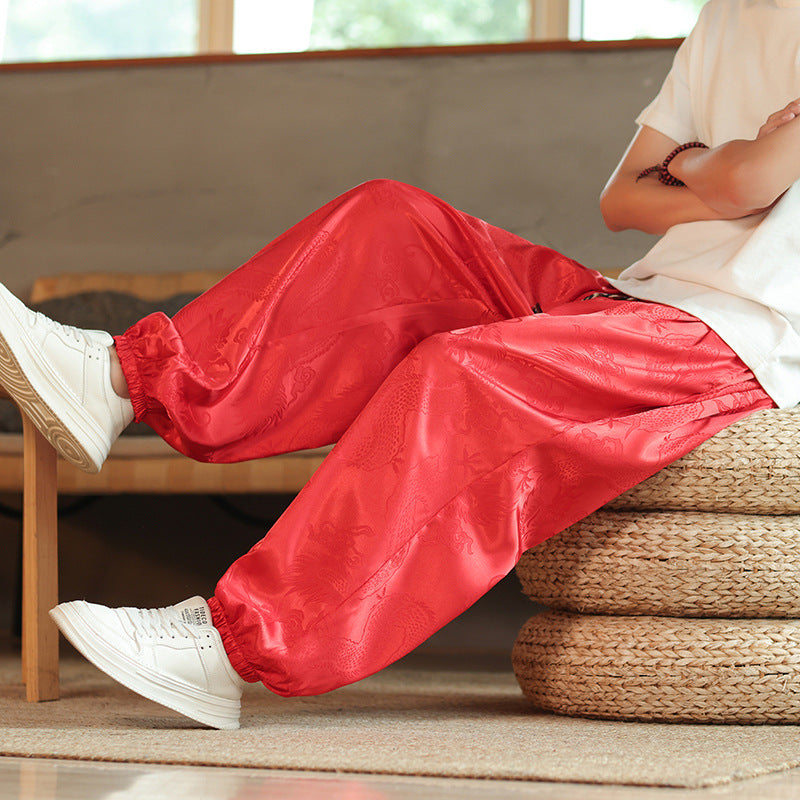 Men's Wide Jacquard Satin Harem Pants with Drawstring, Elastic Cuffs, and Traditional Dragon Motif