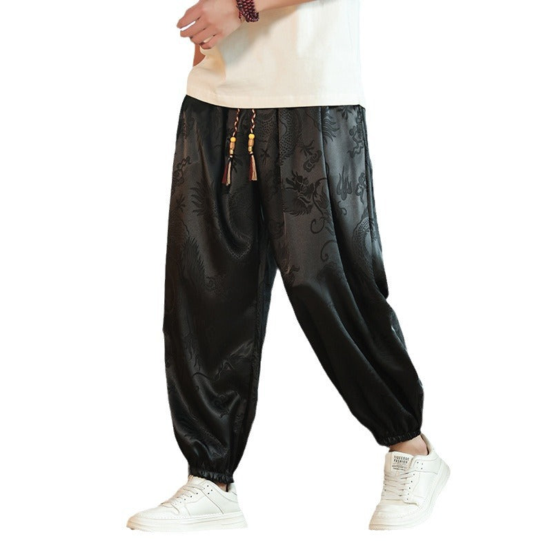 Men's Wide Jacquard Satin Harem Pants with Drawstring, Elastic Cuffs, and Traditional Dragon Motif