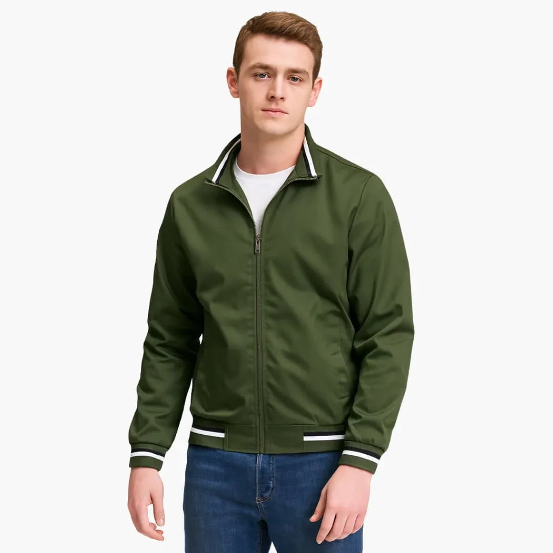 Blouson bomber pour homme à fermeture éclair et ourlet rayé