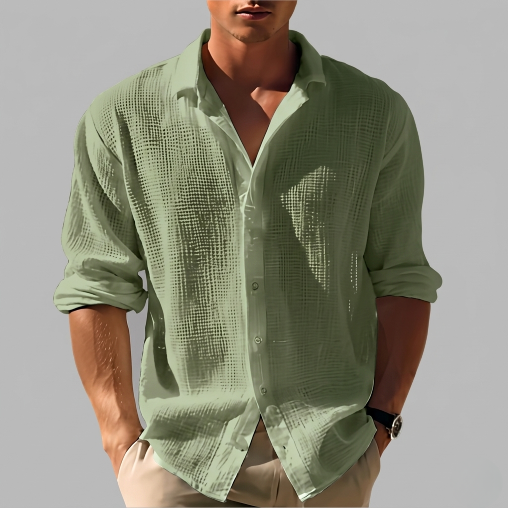 Men's Textured Collar Cotton-Linen Shirt - Image 1