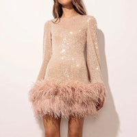 Vestido Mini Ajustado para Mujer con Dobladillo de Lentejuelas y Plumas