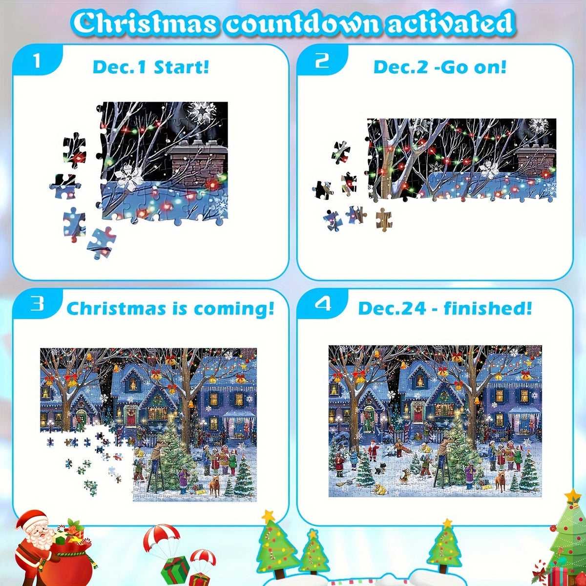 Calendrier de l'Avent sous forme de puzzle représentant un village de Noël moderne