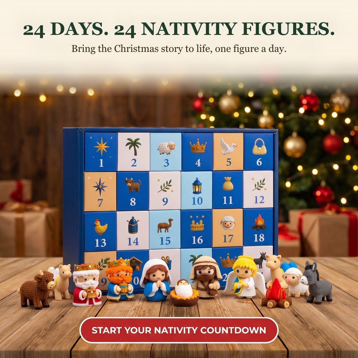 Nativity Scene Advent Calendar, 24 Numbered Doors with 3D Printed Figures