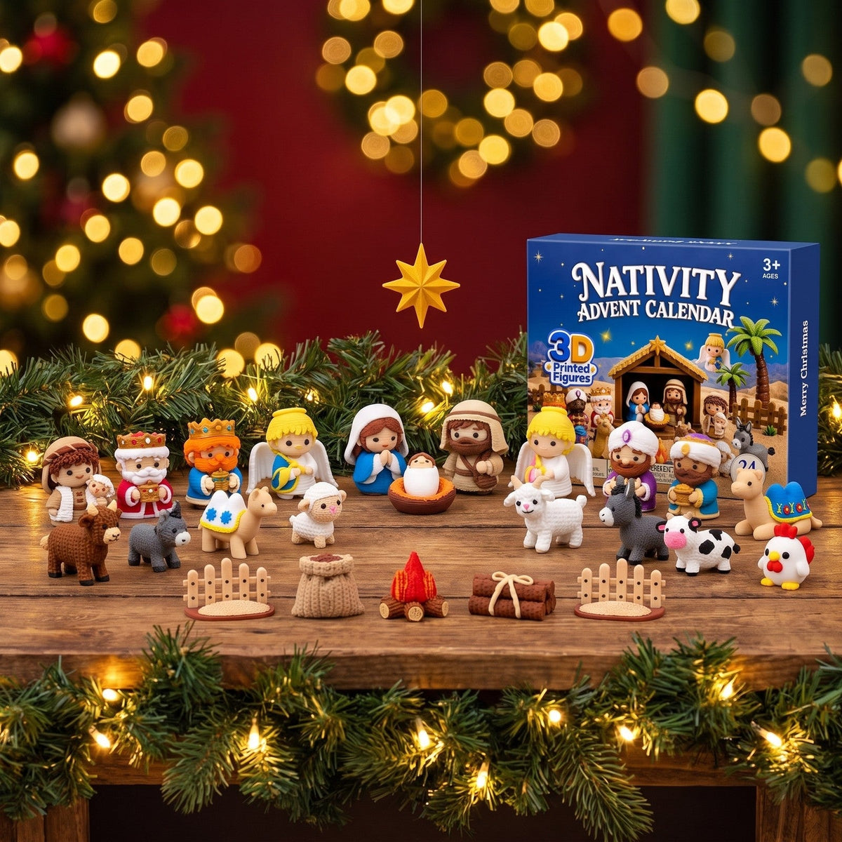 Nativity Scene Advent Calendar, 24 Numbered Doors with 3D Printed Figures