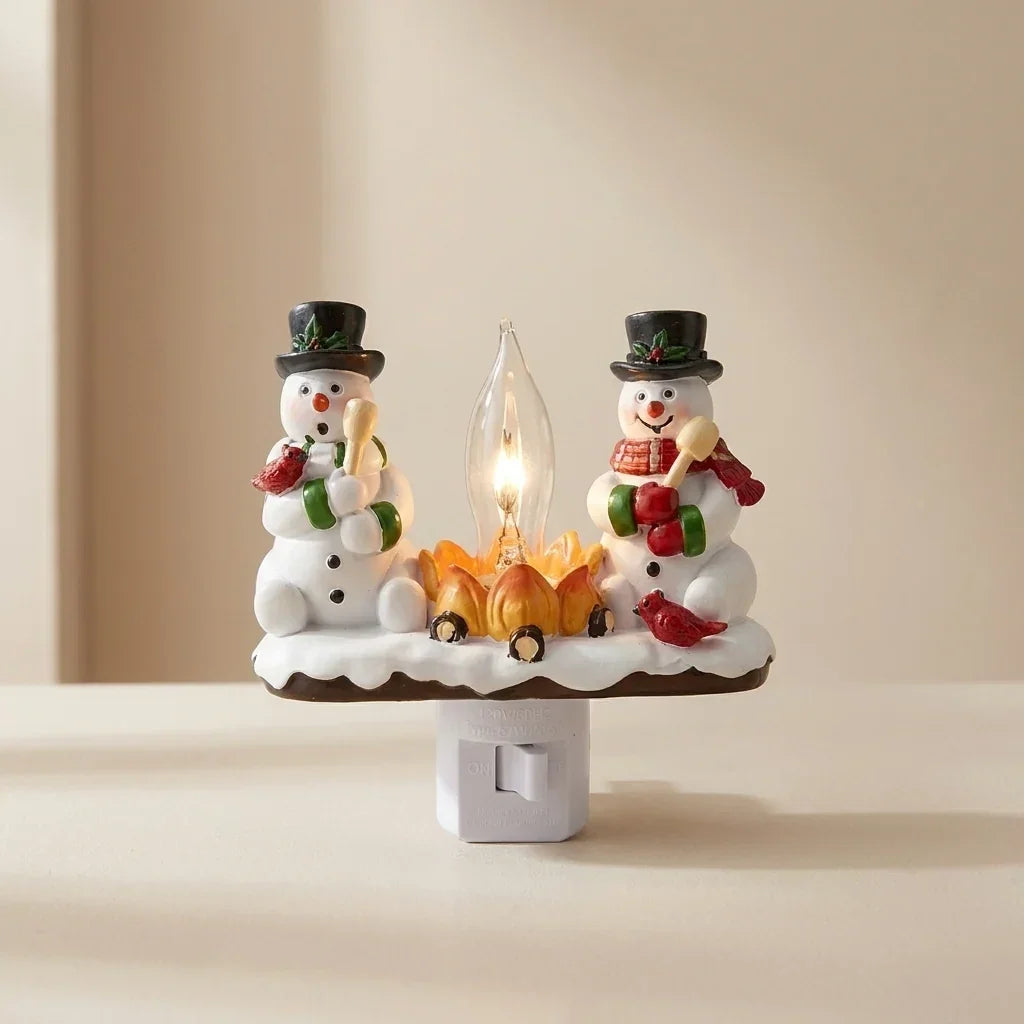 Veilleuse de Noël bonhomme de neige avec feu de camp, à brancher