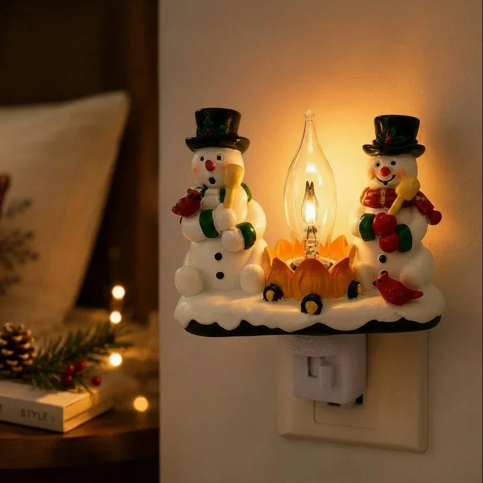 Veilleuse de Noël bonhomme de neige avec feu de camp, à brancher
