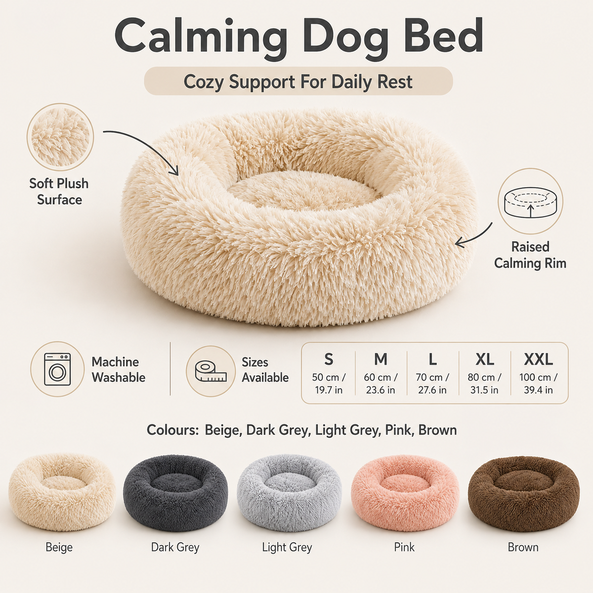Plush Calming Dog Bed – Machine-Washable, Cozy Design