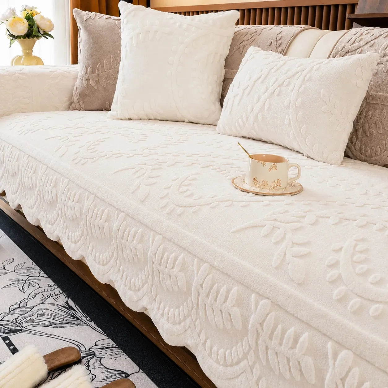 Plush Non-Slip Couch Cover with Botanical Texture