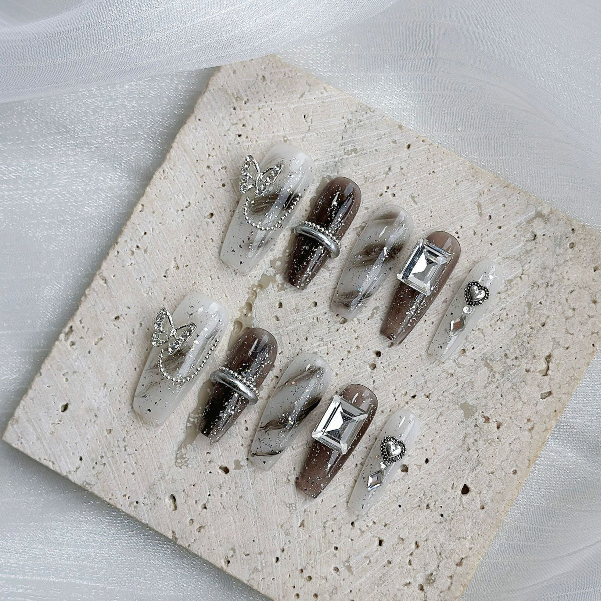 Press-On Nail Set with Geometric Rhinestone Accents