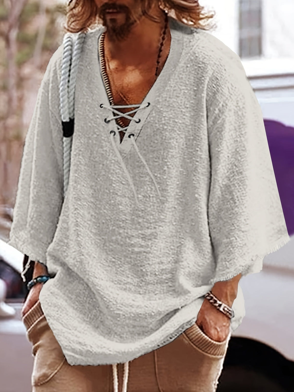 Relaxed Lace-Up V-Neck Shirt