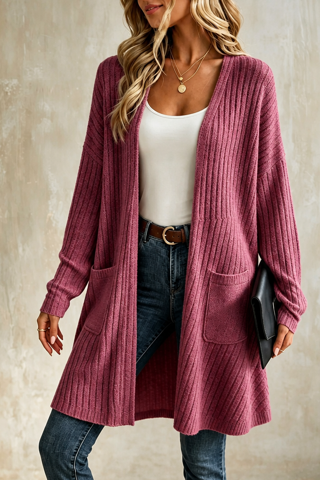 Ribbed Open-Front Long Duster Cardigan
