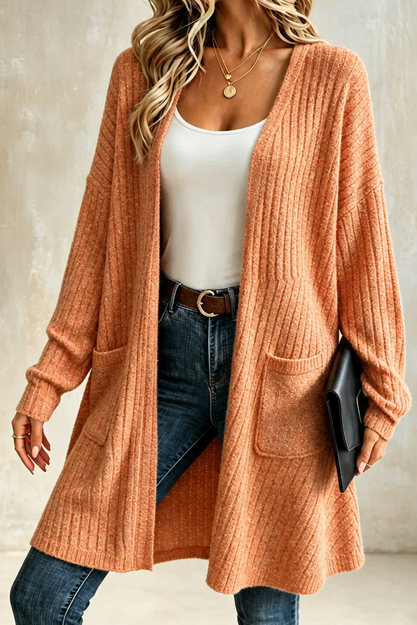 Ribbed Open-Front Long Duster Cardigan