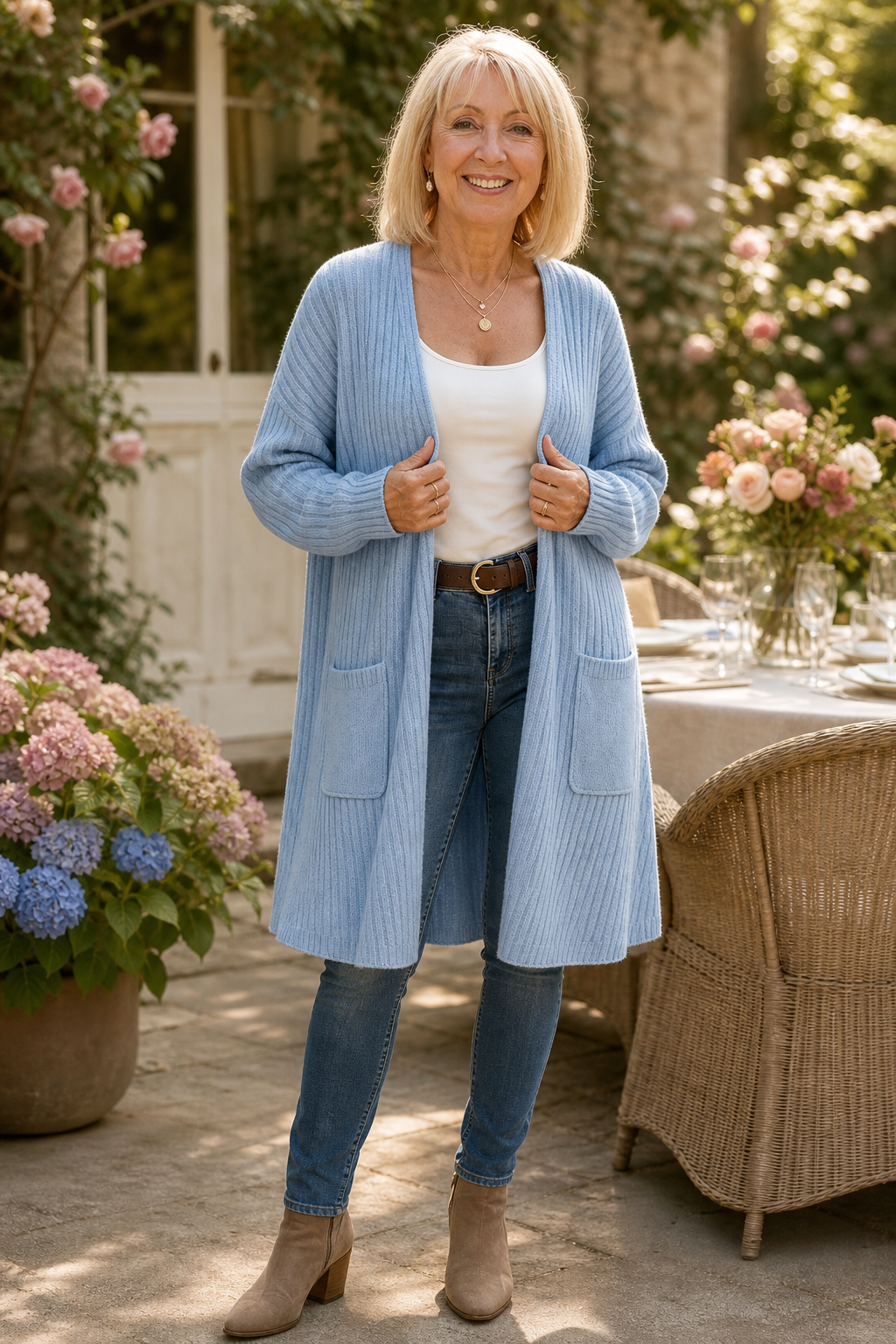 Ribbed Open-Front Long Duster Cardigan