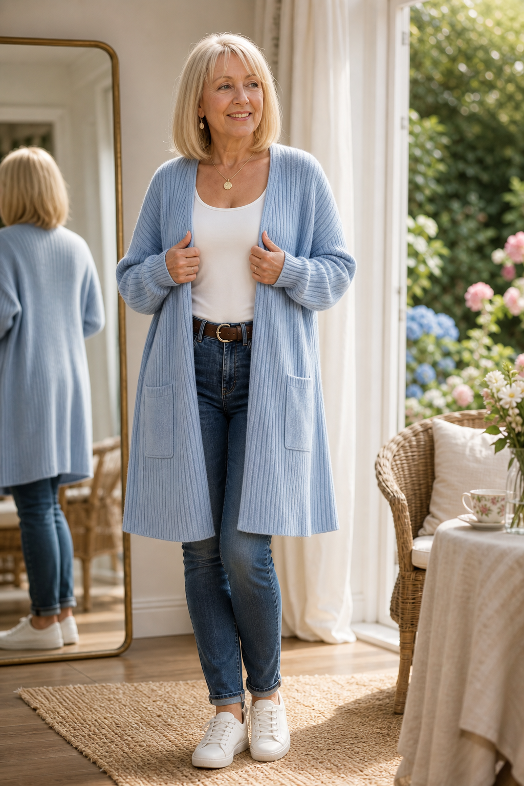 Ribbed Open-Front Long Duster Cardigan