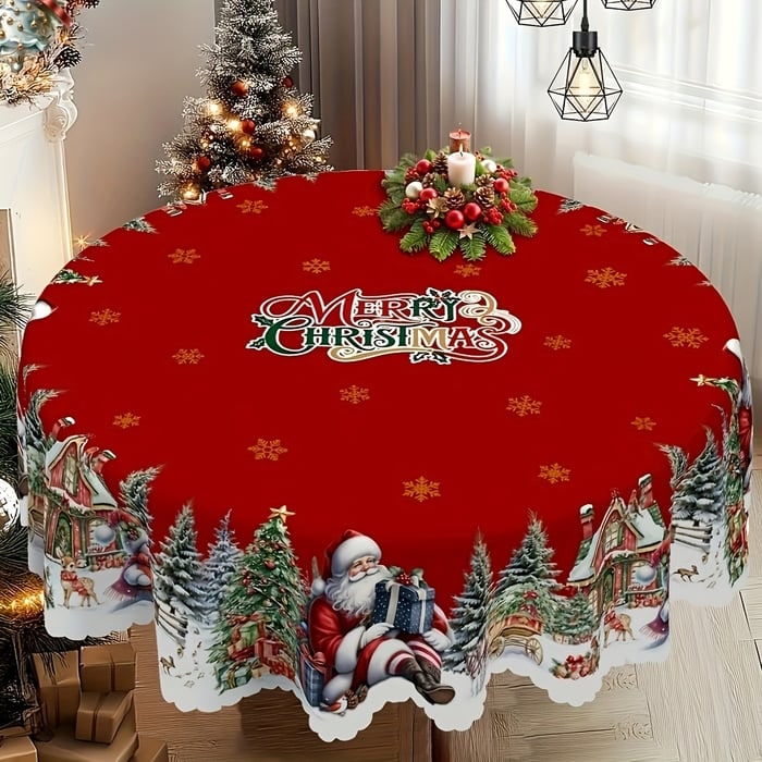 Round Christmas Tablecloth with Scalloped Edges and Festive Poinsettia Design