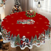 Round Christmas Tablecloth with Scalloped Edges and Festive Poinsettia Design