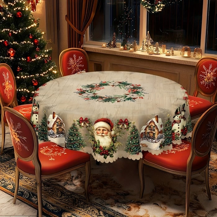 Round Christmas Tablecloth with Scalloped Edges and Festive Poinsettia Design