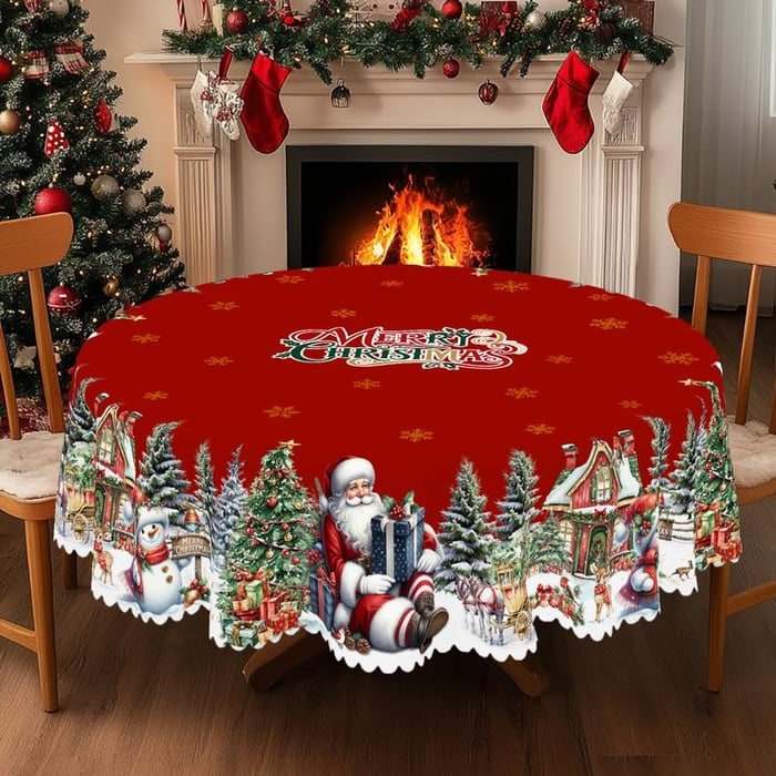 Round Christmas Tablecloth with Scalloped Edges and Festive Poinsettia Design