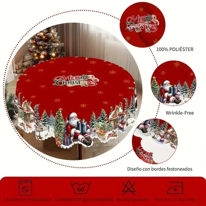 Round Christmas Tablecloth with Scalloped Edges and Festive Poinsettia Design