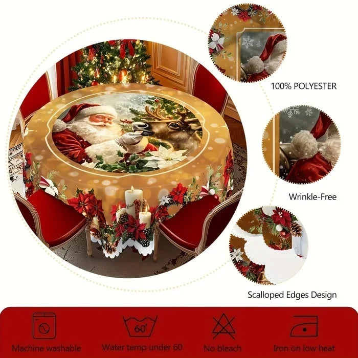 Round Christmas Tablecloth with Scalloped Edges and Festive Poinsettia Design