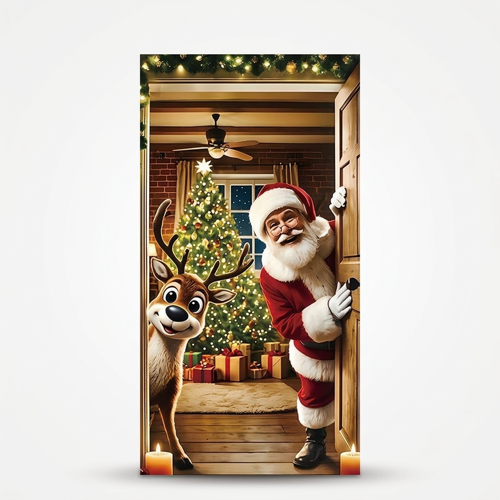 Housse de porte de Noël avec le père Noël et des rennes