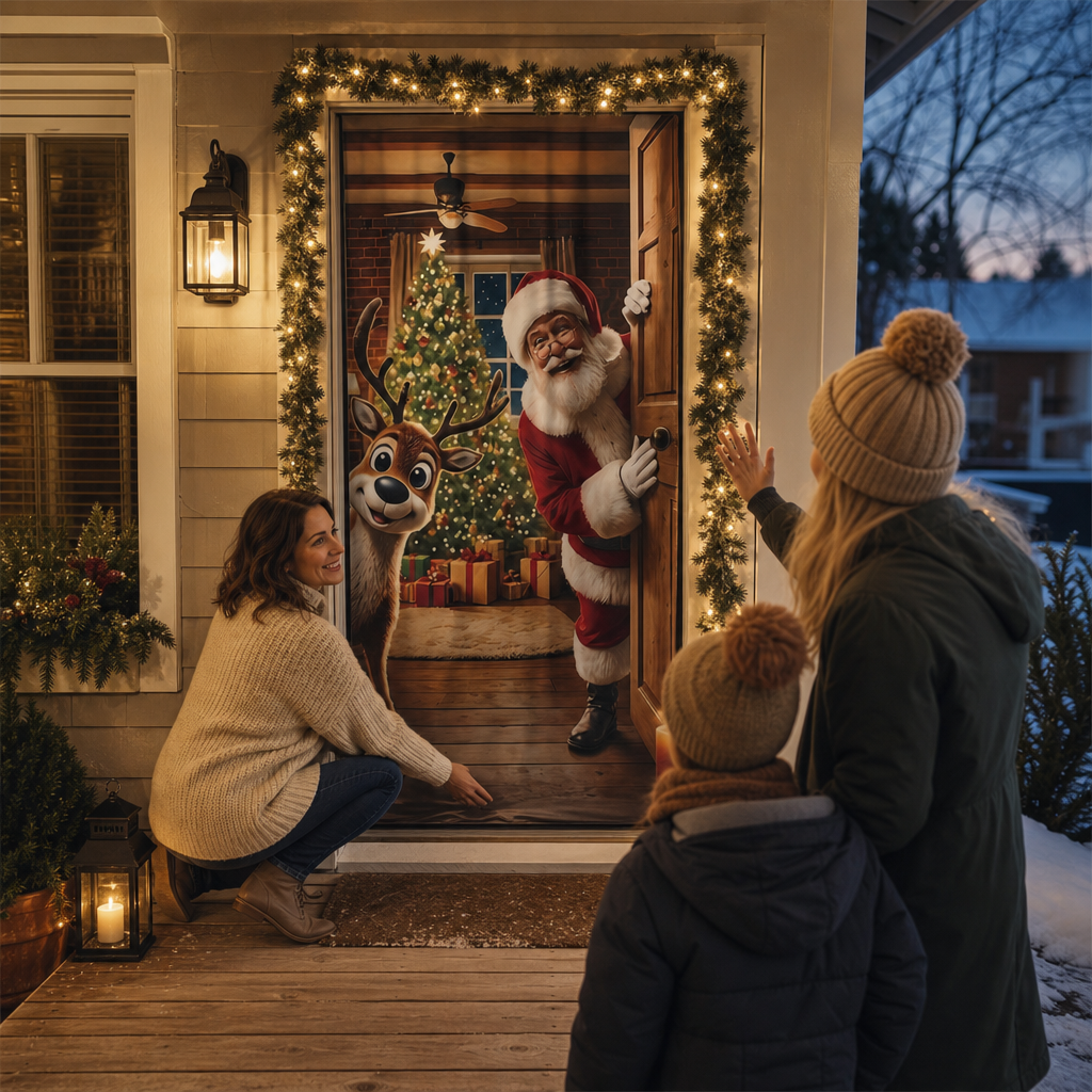Housse de porte de Noël avec le père Noël et des rennes