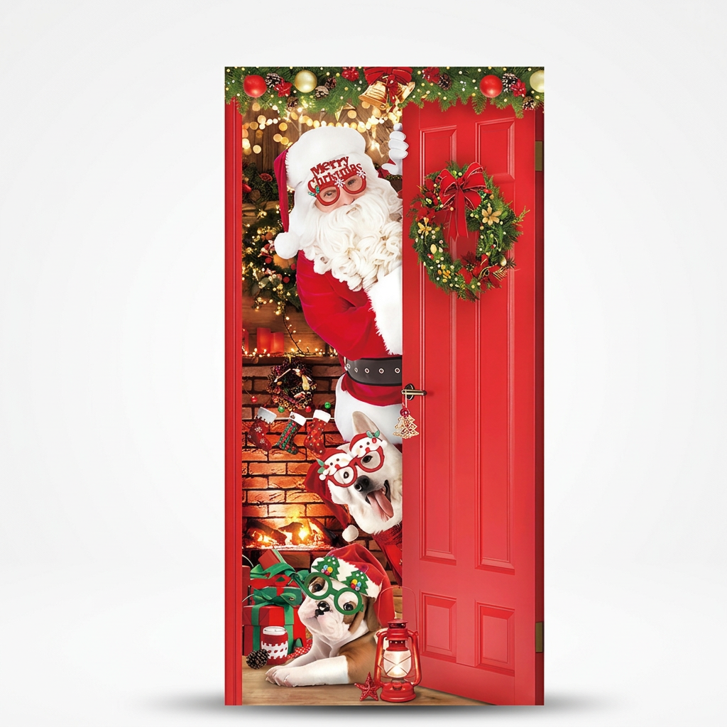 Housse de porte de Noël avec le père Noël et des rennes