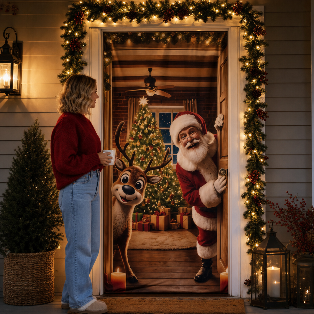 Housse de porte de Noël avec le père Noël et des rennes