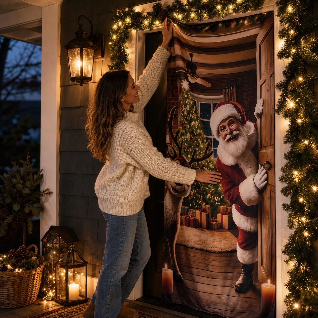 Housse de porte de Noël avec le père Noël et des rennes