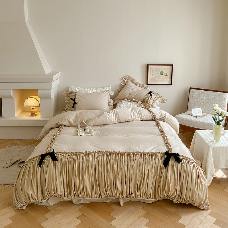 Satin Bedding Set with Gathered Ruffle, Braided Decorative Ribbons and Bow Appliqué