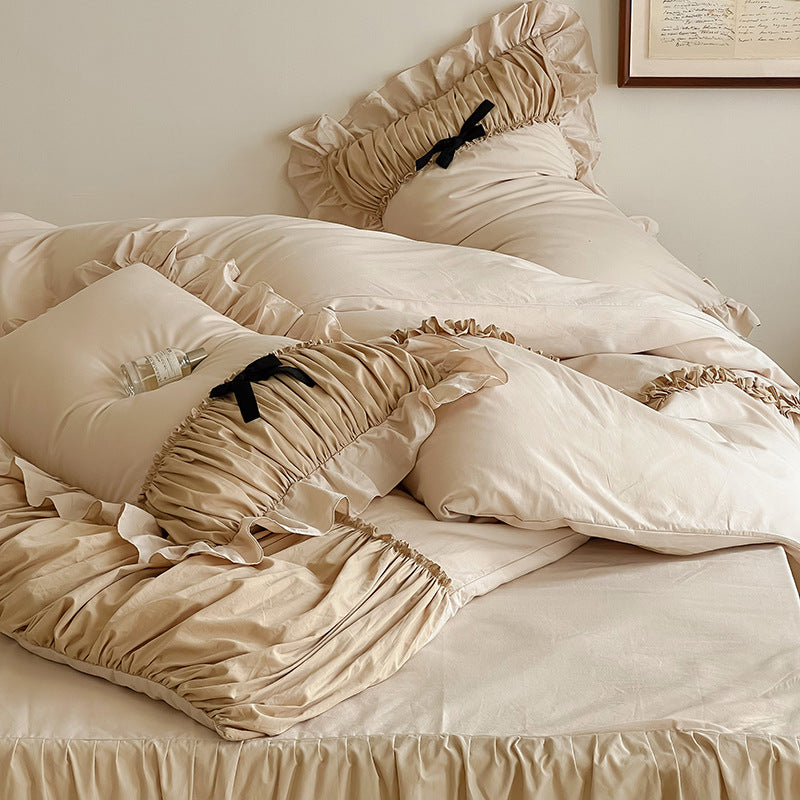 Satin Bedding Set with Gathered Ruffle, Braided Decorative Ribbons and Bow Appliqué