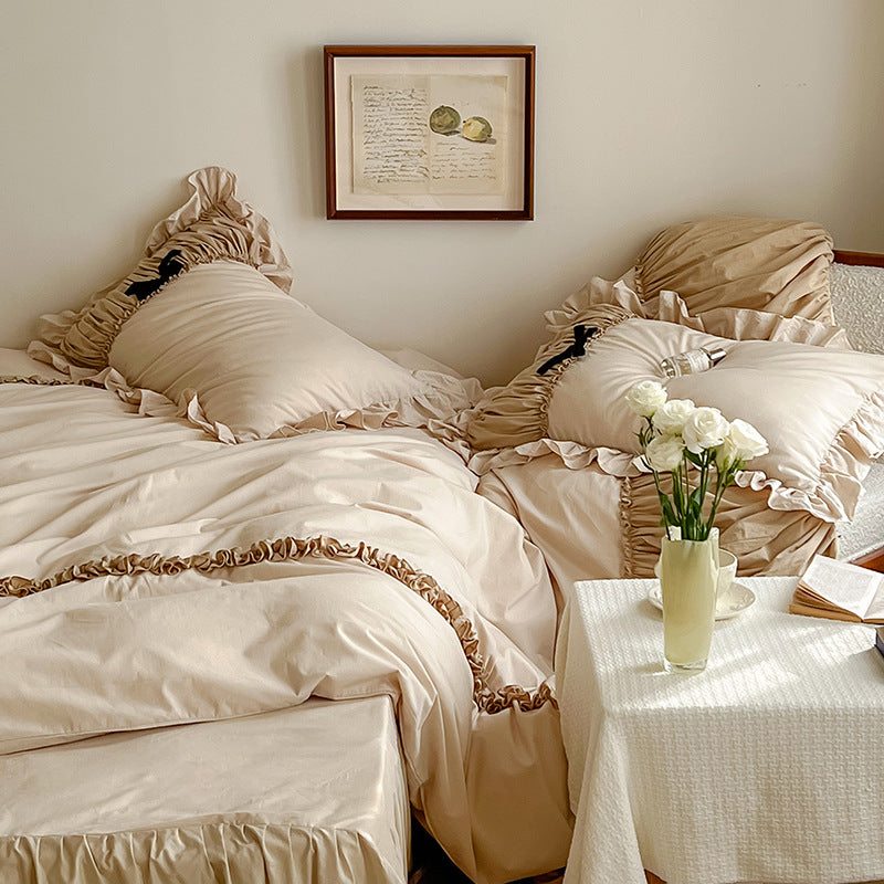 Satin Bedding Set with Gathered Ruffle, Braided Decorative Ribbons and Bow Appliqué