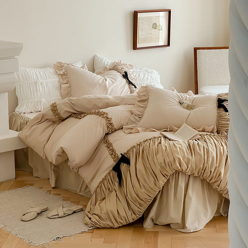 Satin Bedding Set with Gathered Ruffle, Braided Decorative Ribbons and Bow Appliqué