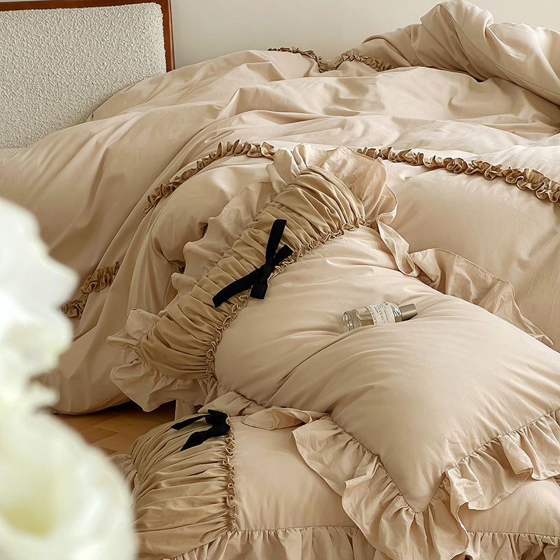Satin Bedding Set with Gathered Ruffle, Braided Decorative Ribbons and Bow Appliqué