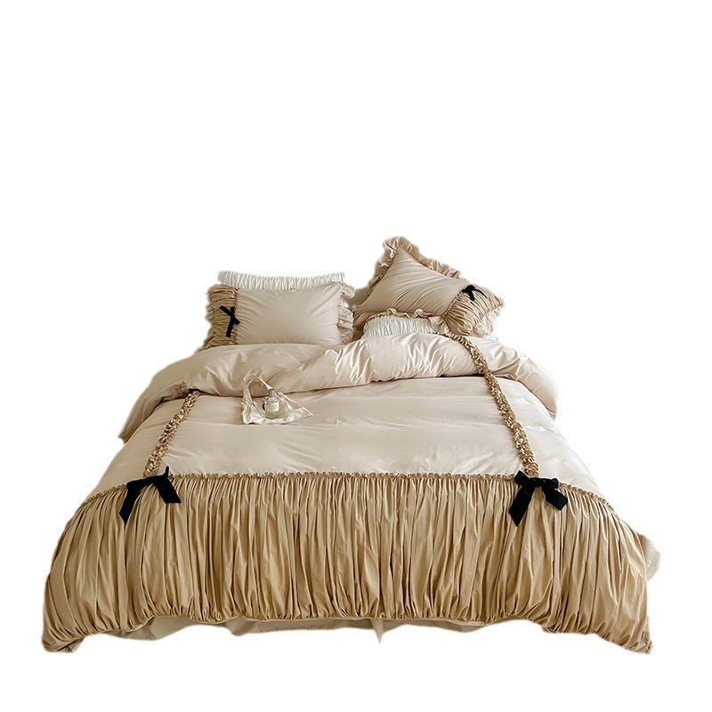 Satin Bedding Set with Gathered Ruffle, Braided Decorative Ribbons and Bow Appliqué