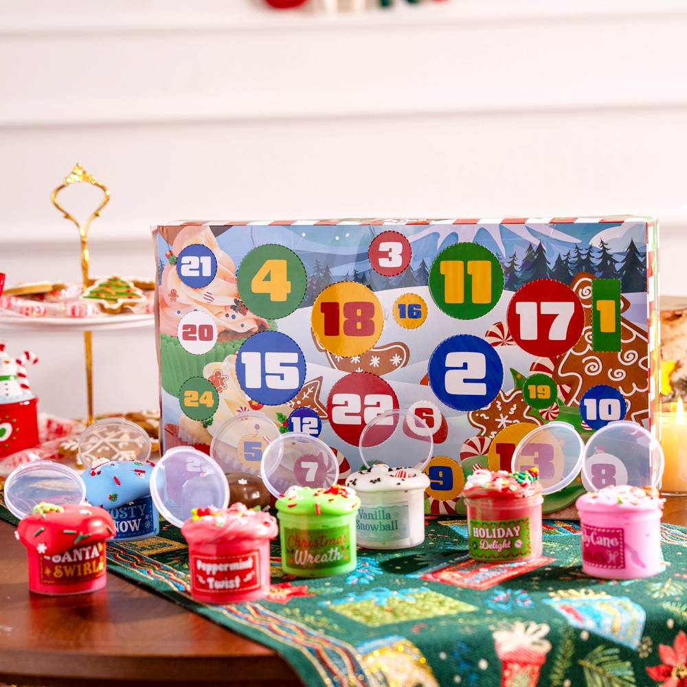 Slime Advent Calendar Box with 8 Jars and 16 Add-On Packs of Charms and Sprinkles for Holiday Mixing