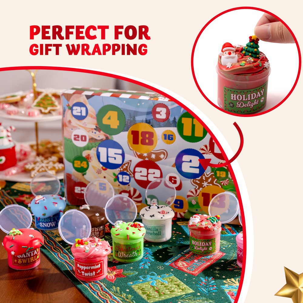 Slime Advent Calendar Box with 8 Jars and 16 Add-On Packs of Charms and Sprinkles for Holiday Mixing