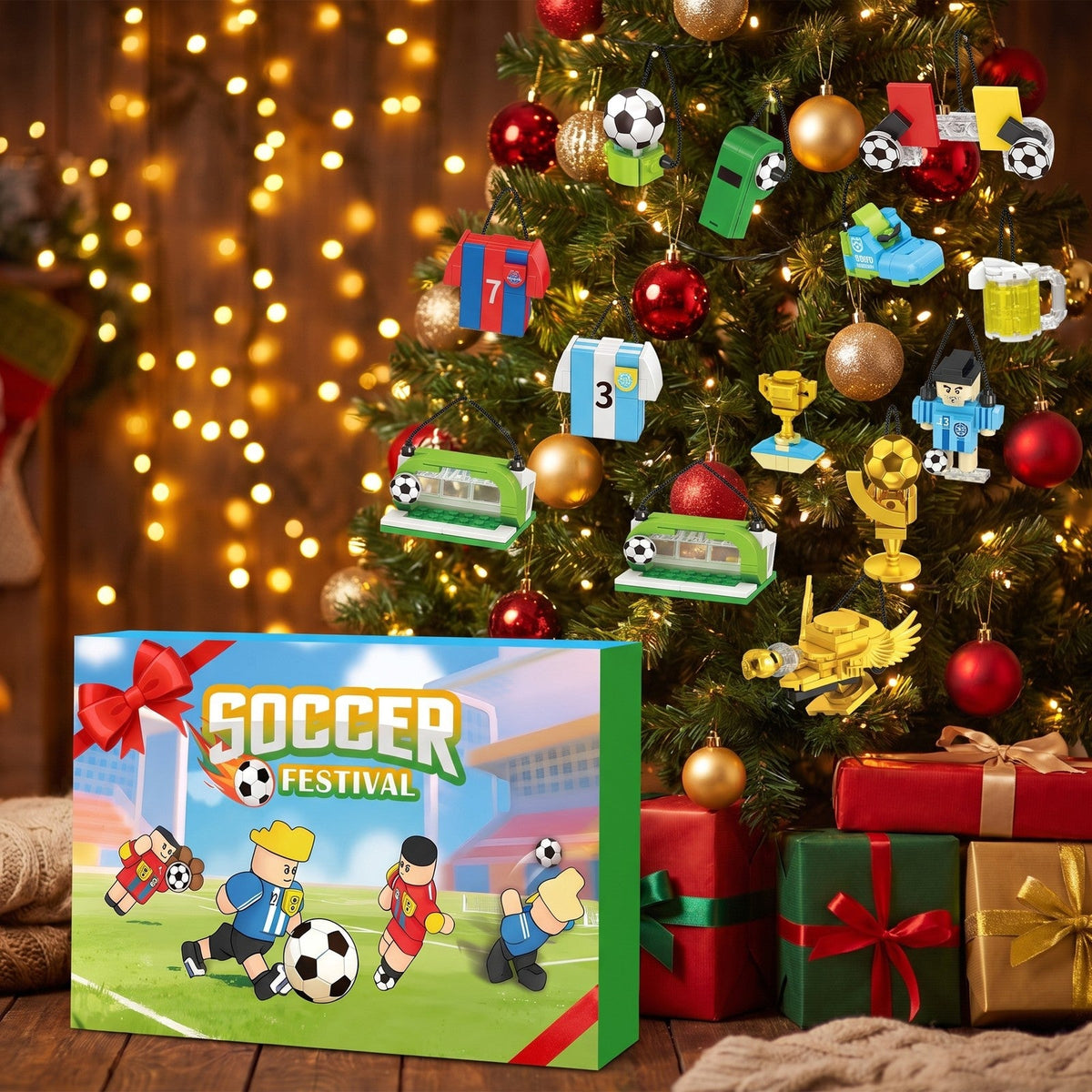 Soccer Building Block Advent Calendar, 600 Pieces, Players, Goal and Trophies to Hang