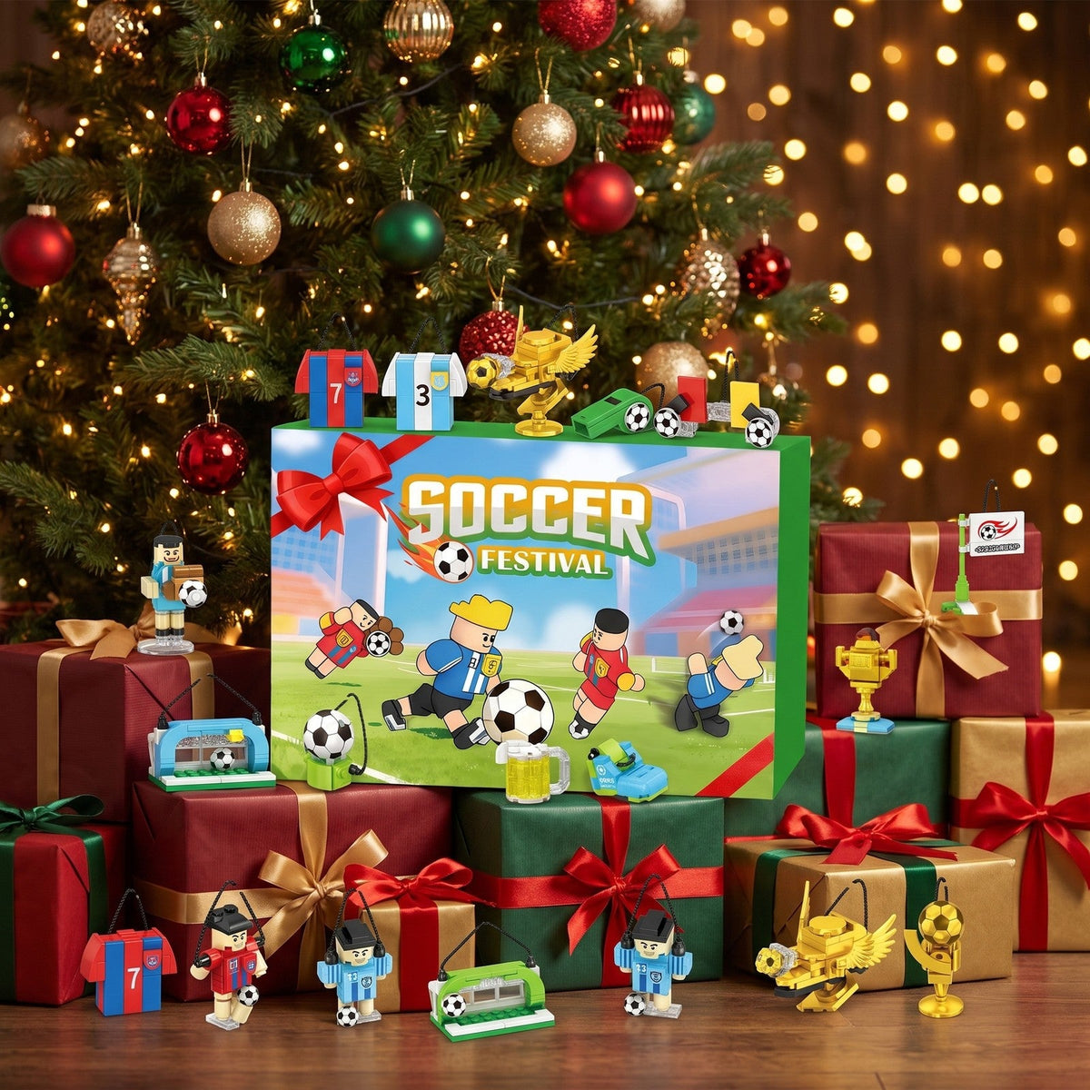 Soccer Building Block Advent Calendar, 600 Pieces, Players, Goal and Trophies to Hang