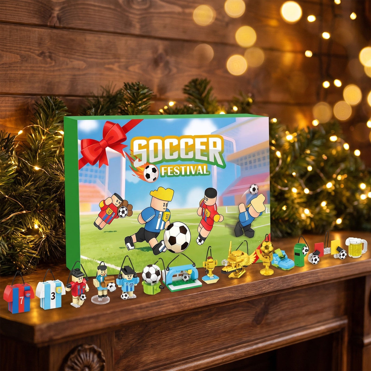 Soccer Building Block Advent Calendar, 600 Pieces, Players, Goal and Trophies to Hang
