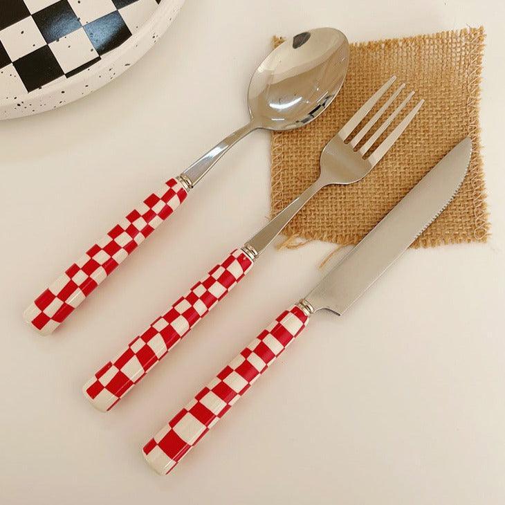 Stainless Steel Cutlery with Checkerboard Pattern