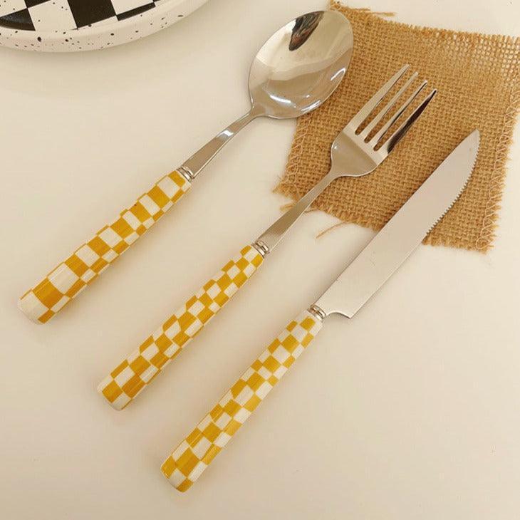 Stainless Steel Cutlery with Checkerboard Pattern