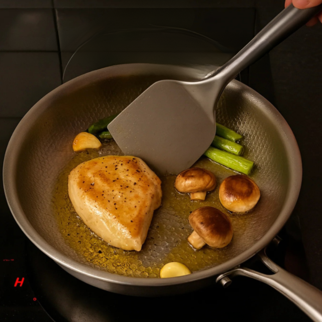 Stainless Steel Frying Pan with Hammered Interior and Induction Base