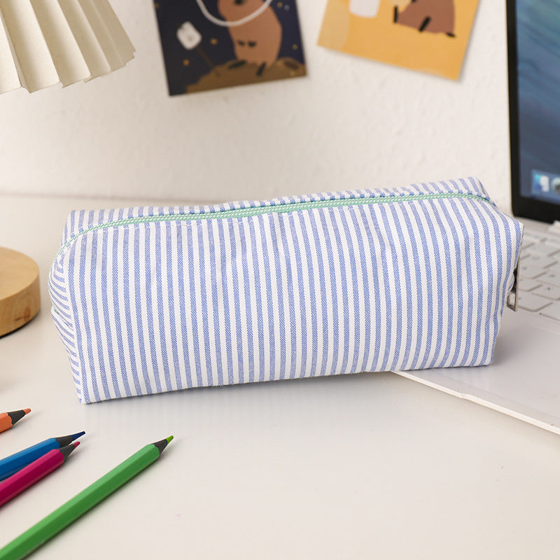 Striped Canvas Pencil Case and Stationery Organizer with Top Zipper