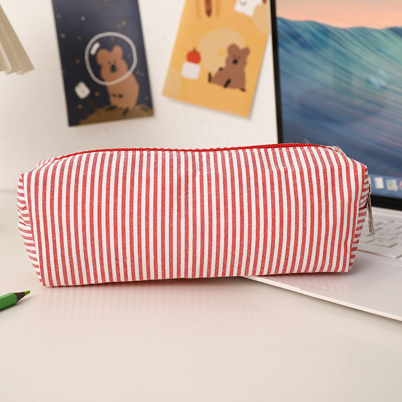 Striped Canvas Pencil Case and Stationery Organizer with Top Zipper